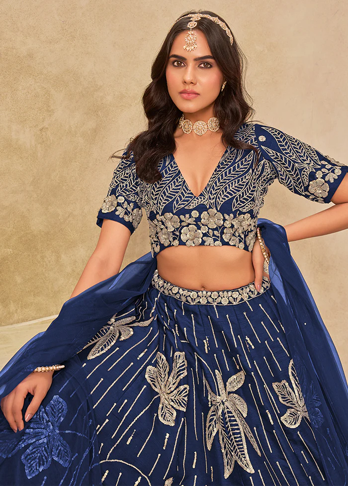 Blue Blended Silk Lehenga Set - Image 2