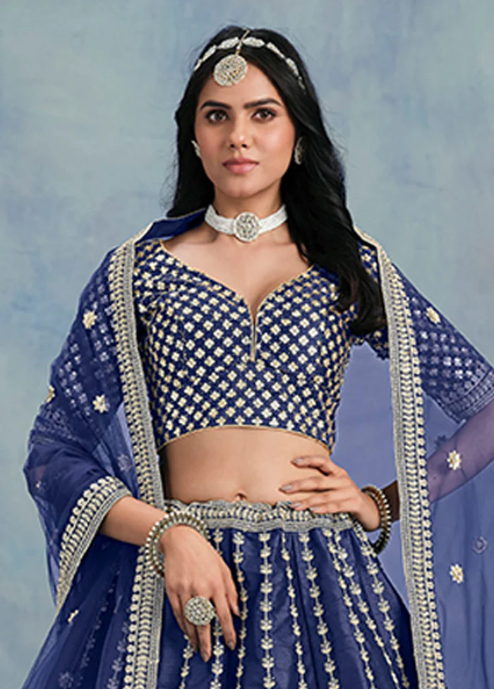 Blue Blended Silk Lehenga Set - Image 2