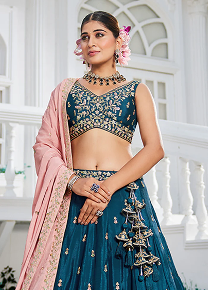 Blue Blended Silk Lehenga Set - Image 2