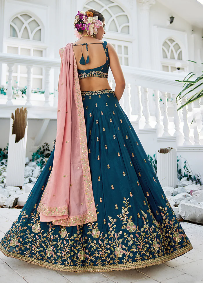 Blue Blended Silk Lehenga Set - Image 3