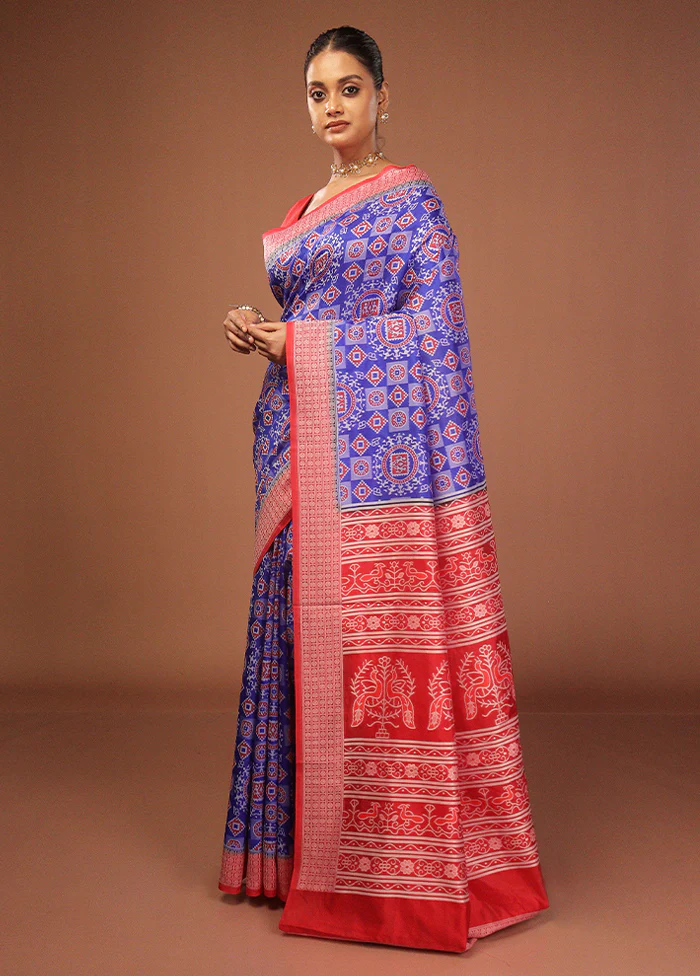 Blue Bomkai Silk Saree Without Blouse Piece - Image 4