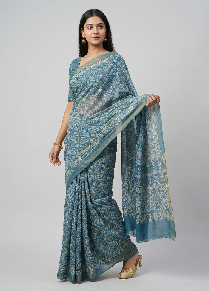 Blue Chanderi Cotton Saree With Blouse Piece