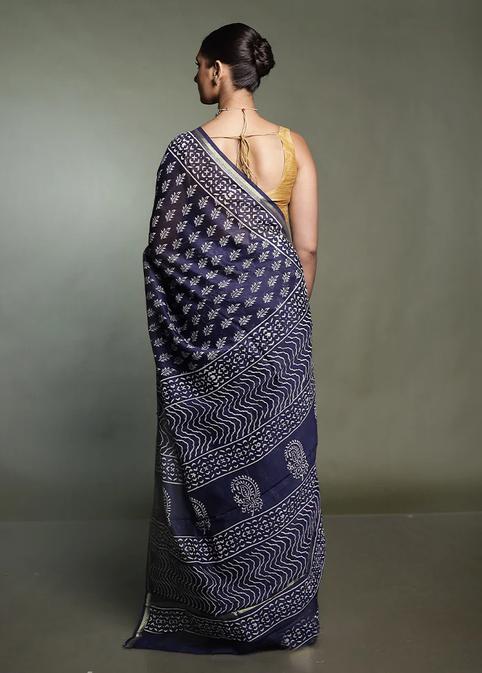 Blue Chanderi Cotton Saree With Blouse Piece - Image 3