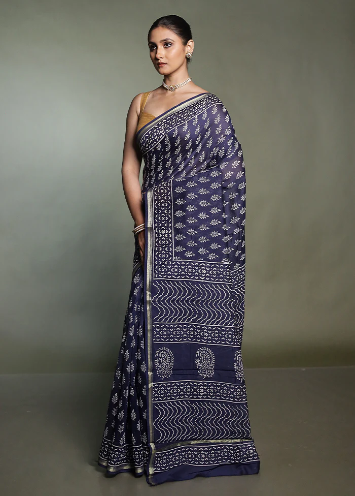 Blue Chanderi Cotton Saree With Blouse Piece - Image 4