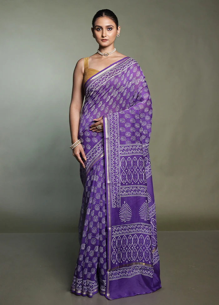 Purple Chanderi Cotton Saree With Blouse Piece - Image 2