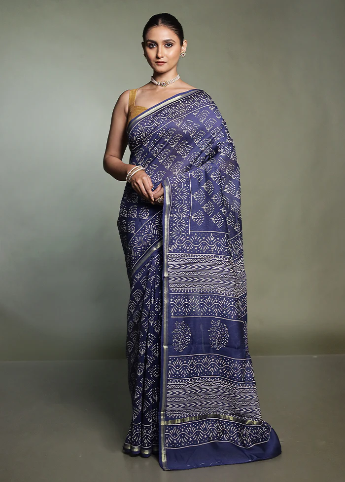 Blue Chanderi Cotton Saree With Blouse Piece - Image 2