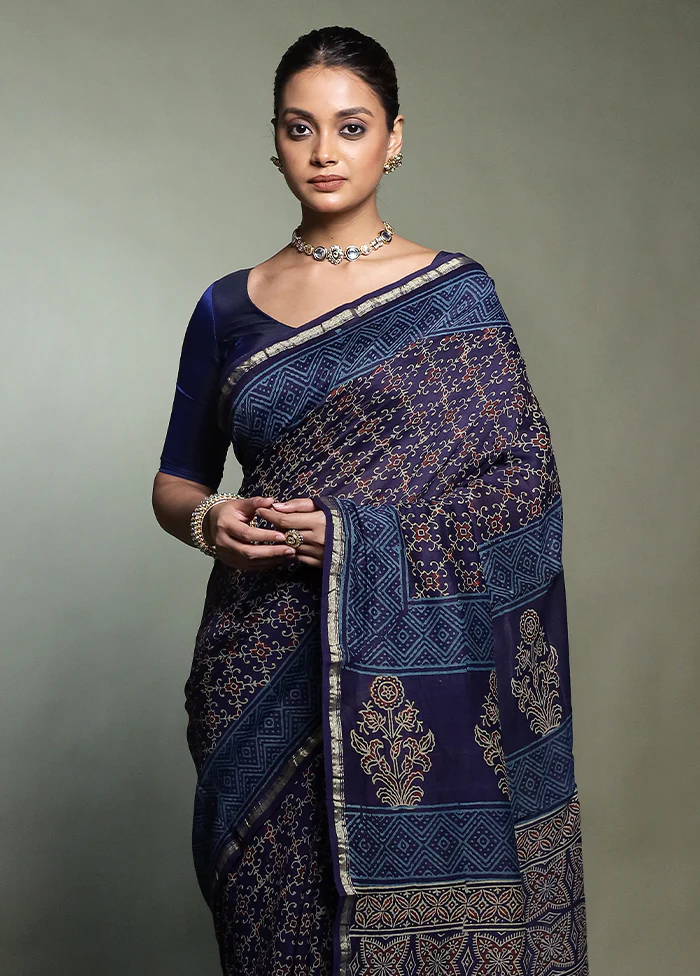 Blue Chanderi Cotton Saree With Blouse Piece