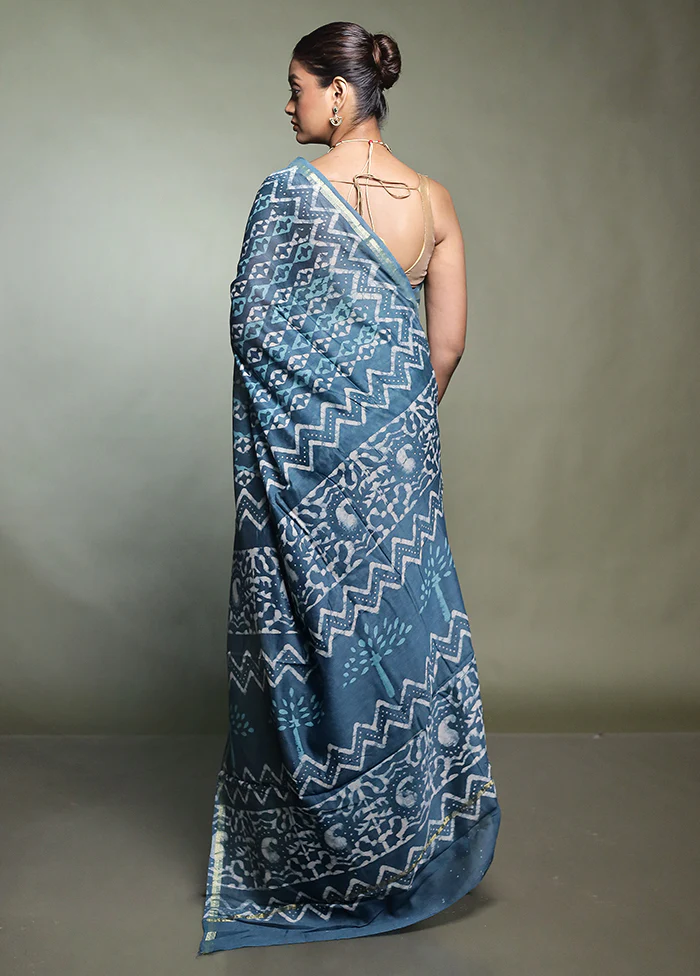Blue Chanderi Cotton Saree With Blouse Piece - Image 3