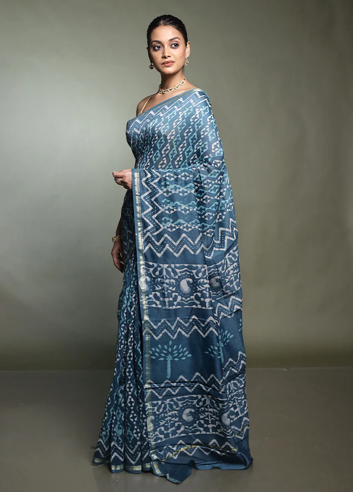 Blue Chanderi Cotton Saree With Blouse Piece - Image 4