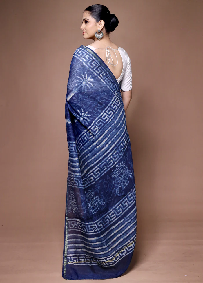 Blue Chanderi Cotton Saree With Blouse Piece - Image 3