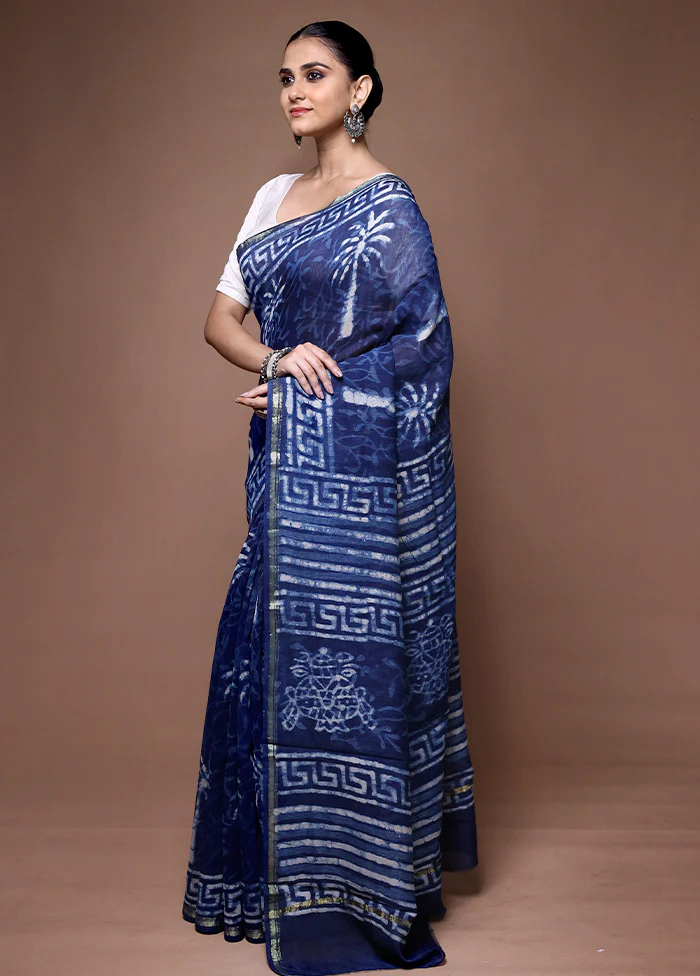 Blue Chanderi Cotton Saree With Blouse Piece - Image 4