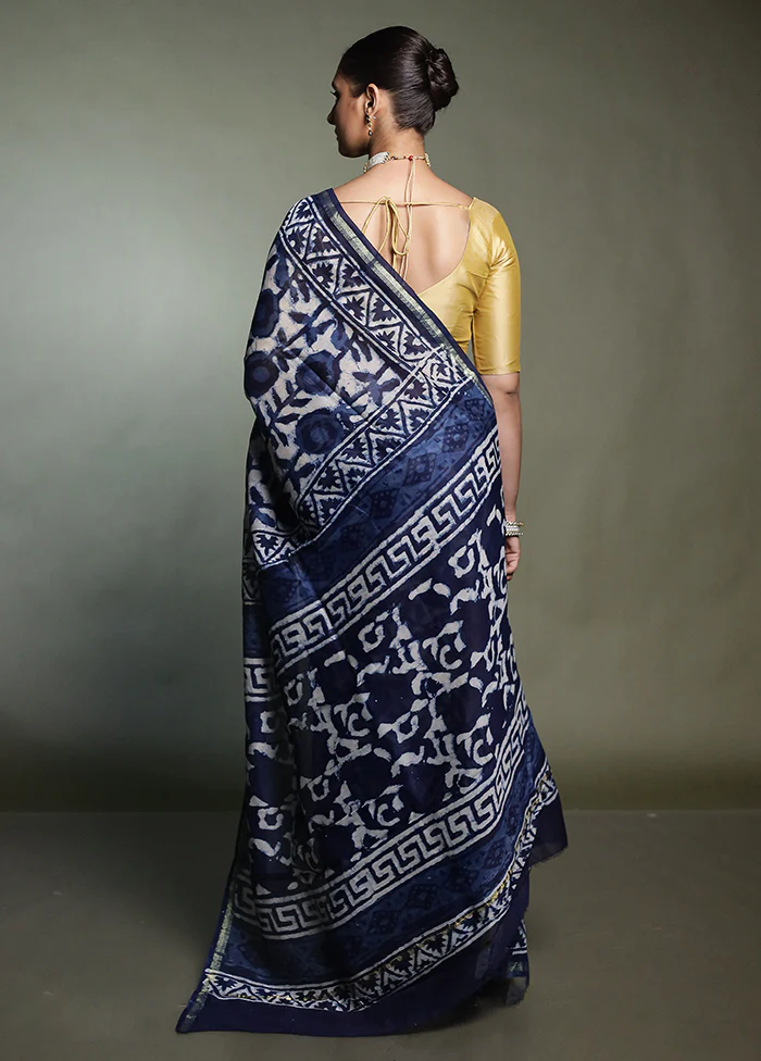 Blue Chanderi Cotton Saree With Blouse Piece - Image 3