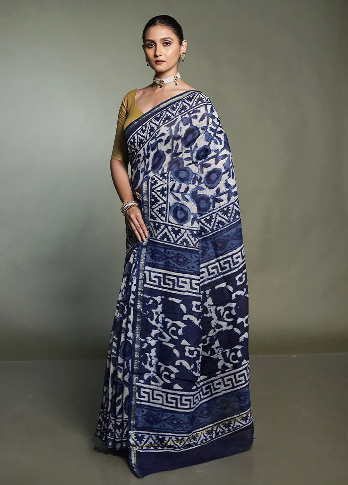 Blue Chanderi Cotton Saree With Blouse Piece - Image 4