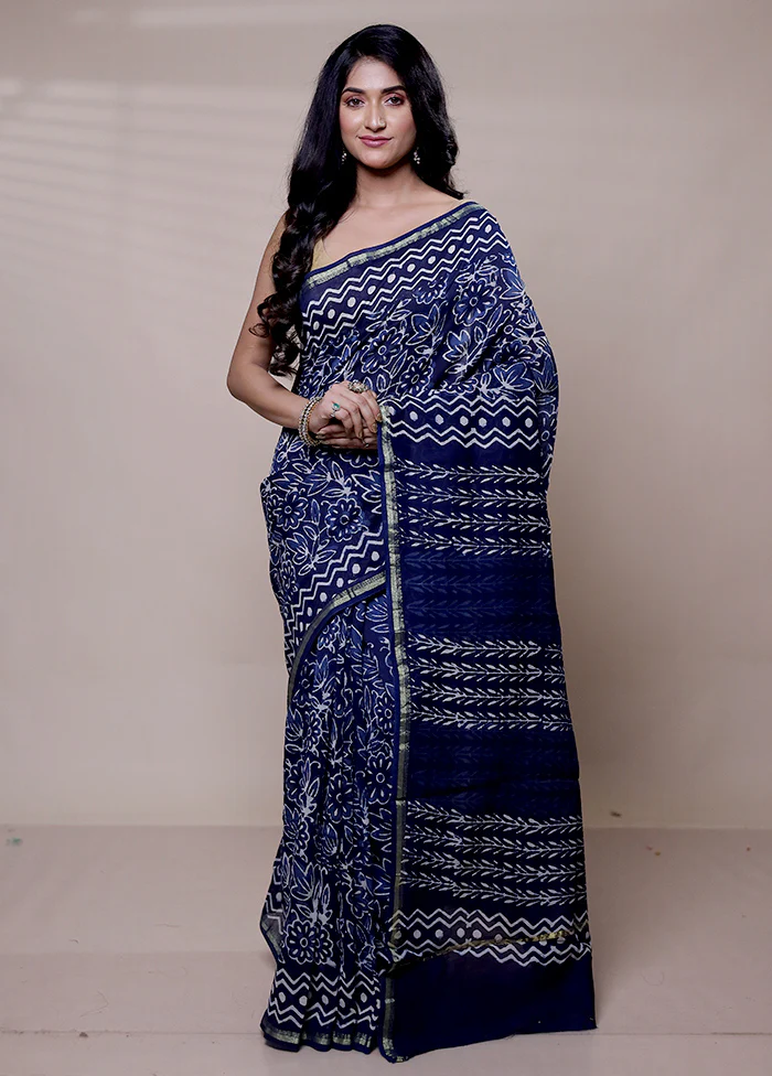 Blue Chanderi Cotton Saree With Blouse Piece - Image 2
