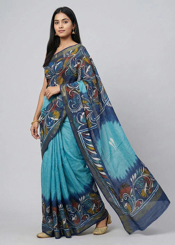 Blue Chanderi Cotton Saree With Blouse Piece