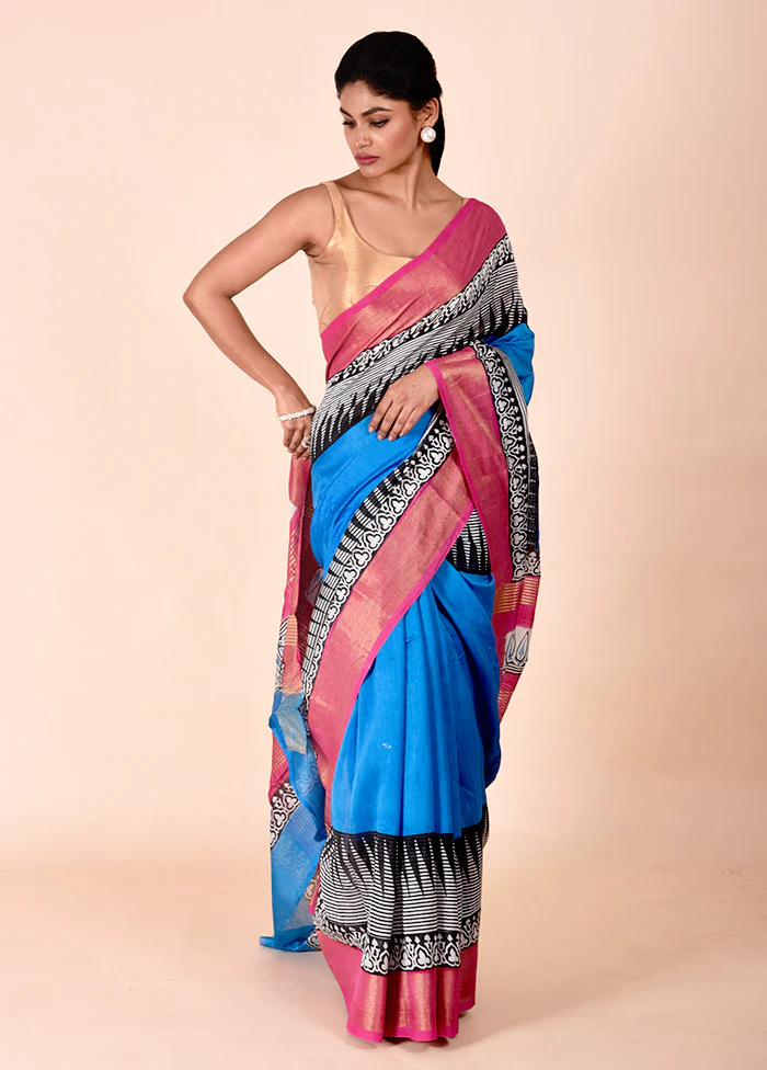 Blue Chanderi Cotton Saree With Blouse Piece - Image 2