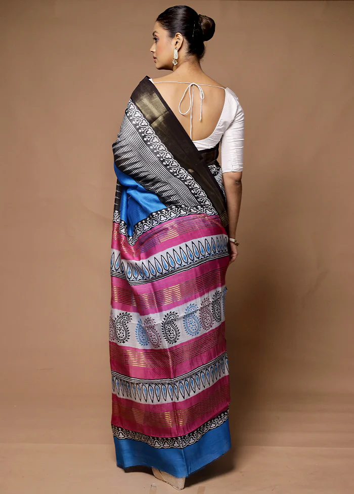 Blue Chanderi Cotton Saree With Blouse Piece - Image 3