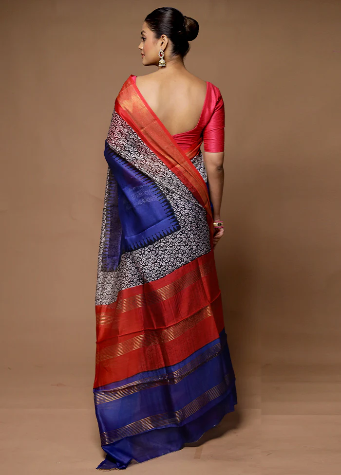 Blue Chanderi Cotton Saree With Blouse Piece - Image 3
