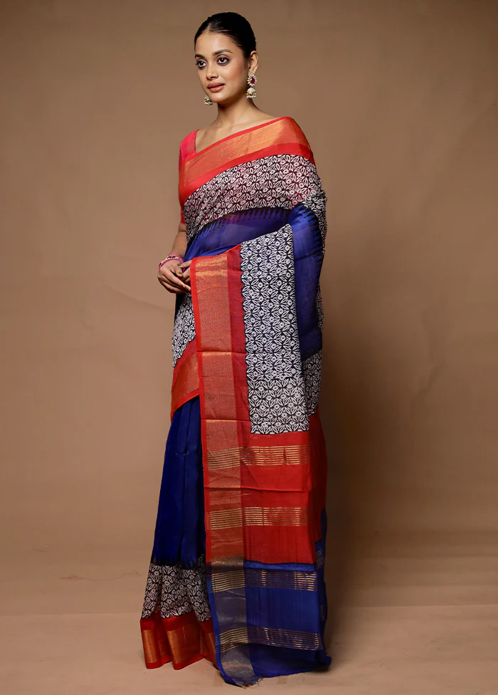 Blue Chanderi Cotton Saree With Blouse Piece - Image 4