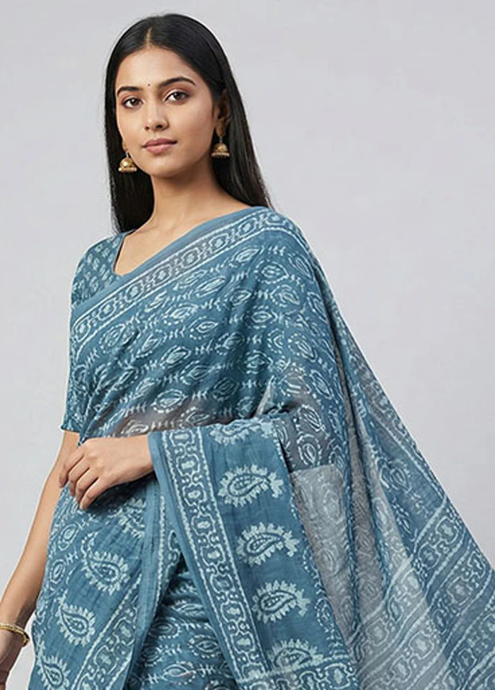 Blue Chanderi Cotton Saree With Blouse Piece - Image 2