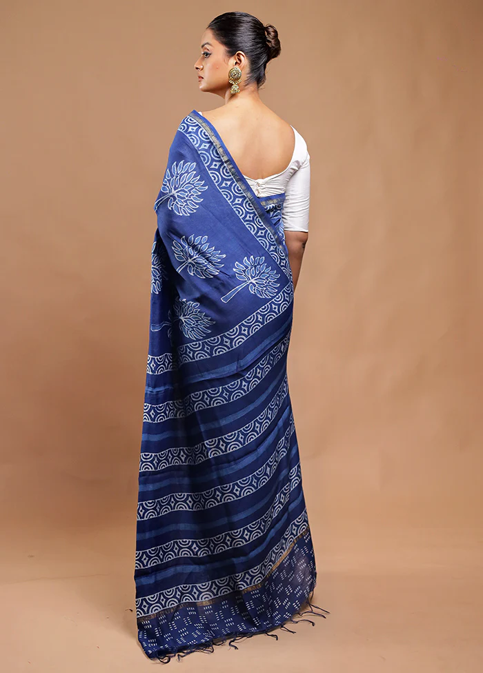 Blue Chanderi Cotton Saree With Blouse Piece - Image 3
