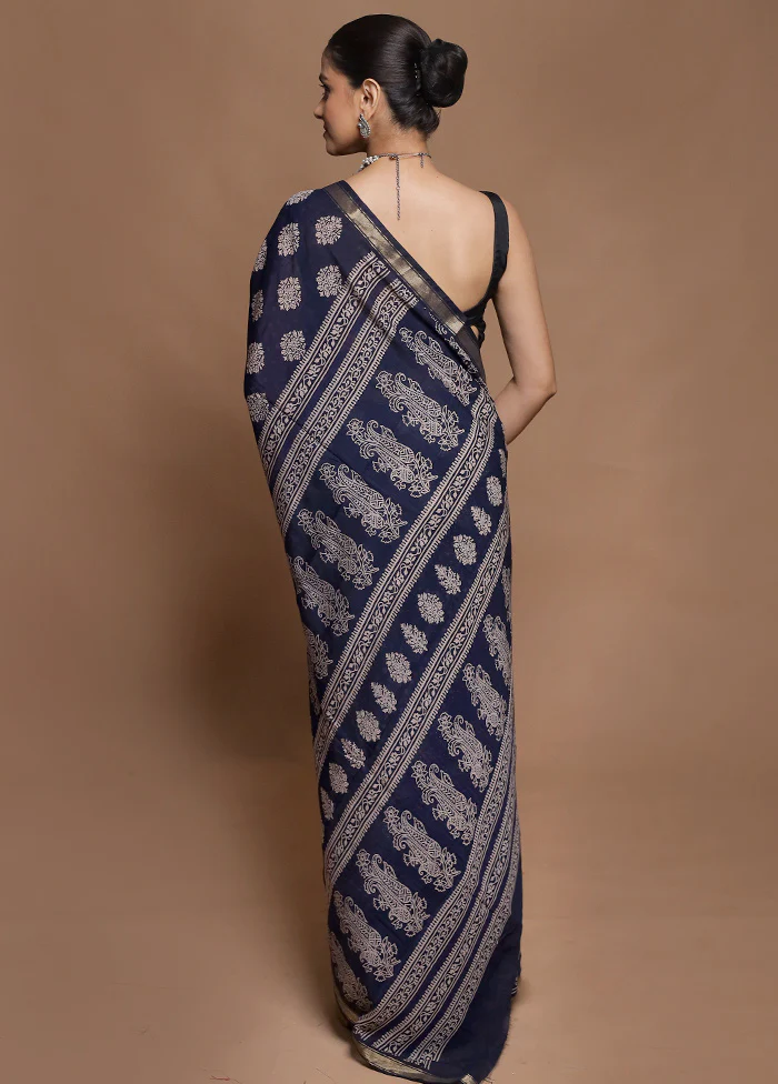 Blue Chanderi Cotton Saree With Blouse Piece - Image 3