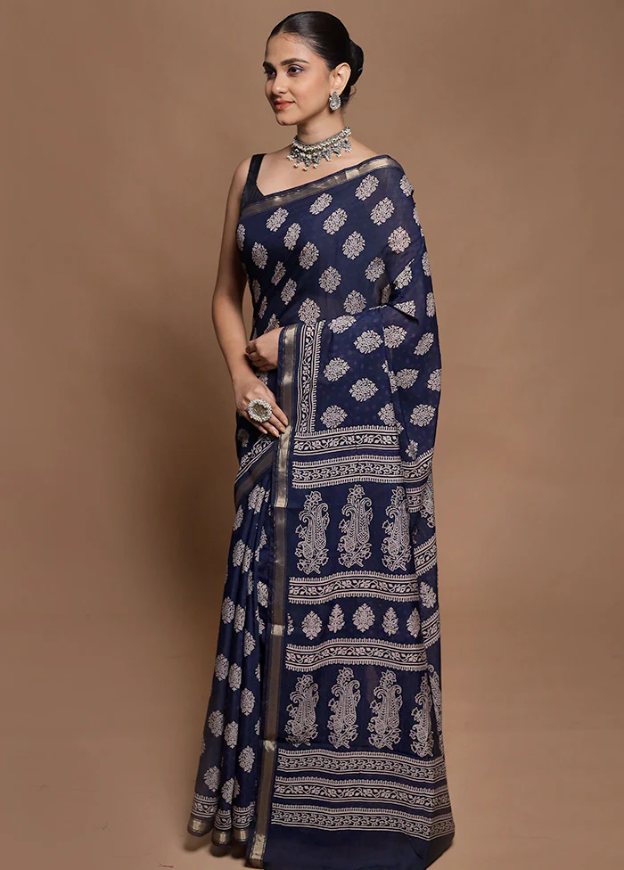 Blue Chanderi Cotton Saree With Blouse Piece - Image 4