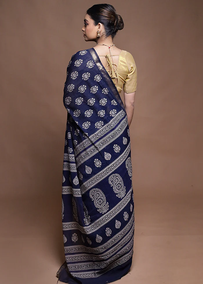Blue Chanderi Cotton Saree With Blouse Piece - Image 3