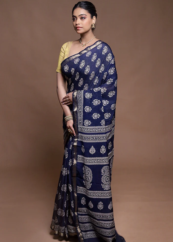Blue Chanderi Cotton Saree With Blouse Piece - Image 4