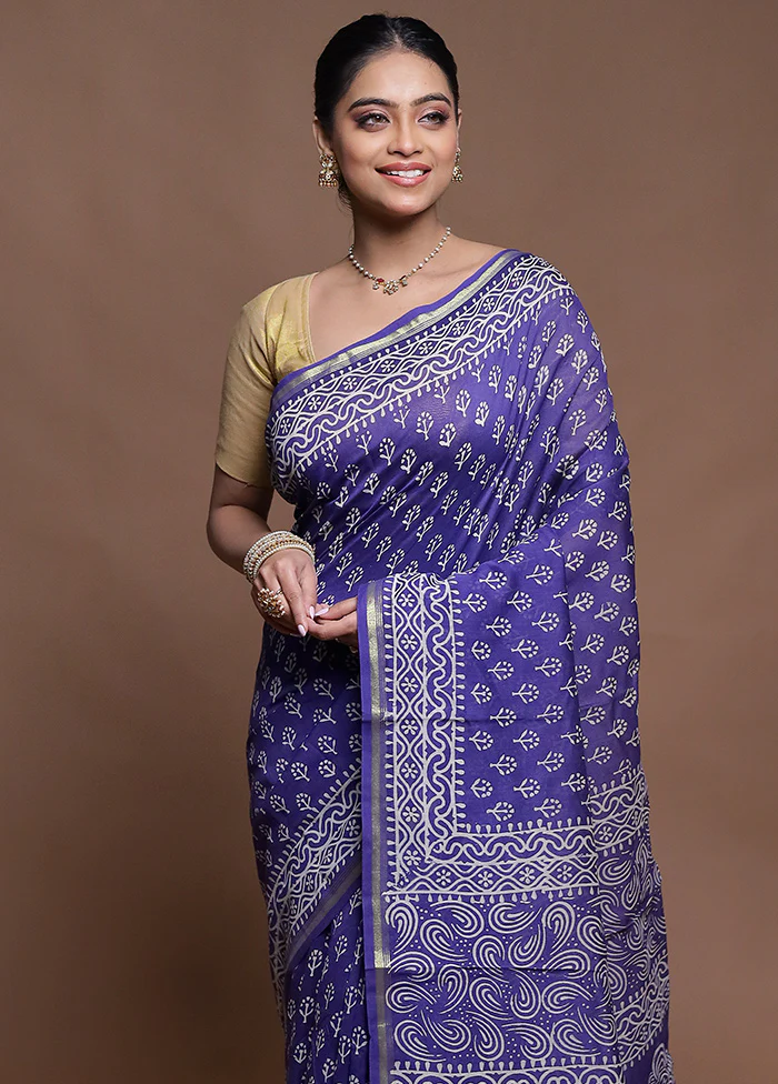 Blue Chanderi Cotton Saree With Blouse Piece - Image 2