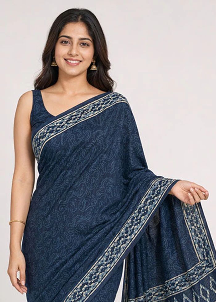 Blue Chanderi Cotton Saree With Blouse Piece - Image 2