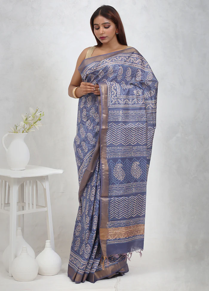 Blue Chanderi Cotton Saree With Blouse Piece - Image 2