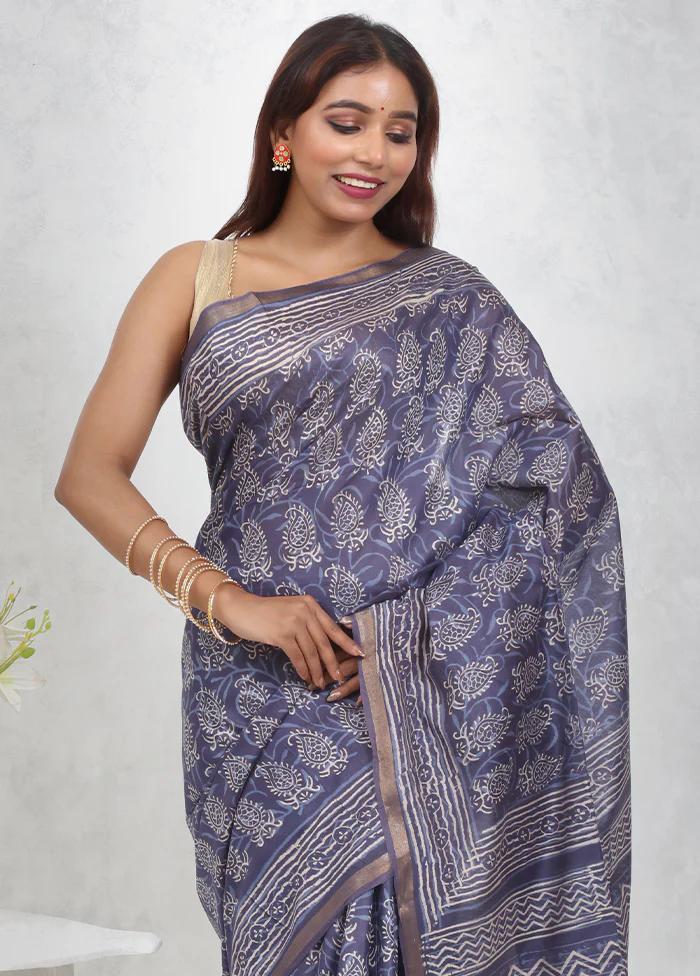 Blue Chanderi Cotton Saree With Blouse Piece