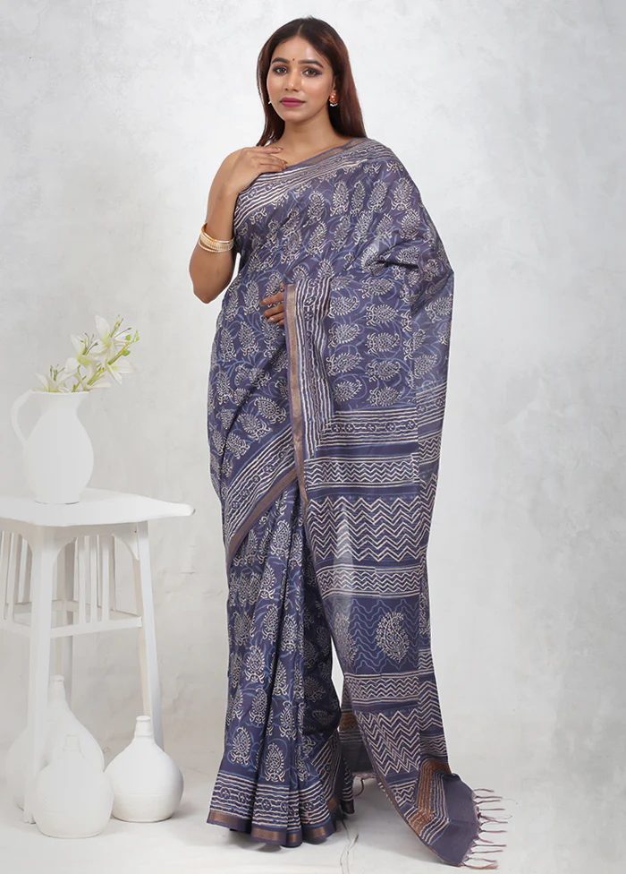 Blue Chanderi Cotton Saree With Blouse Piece - Image 2
