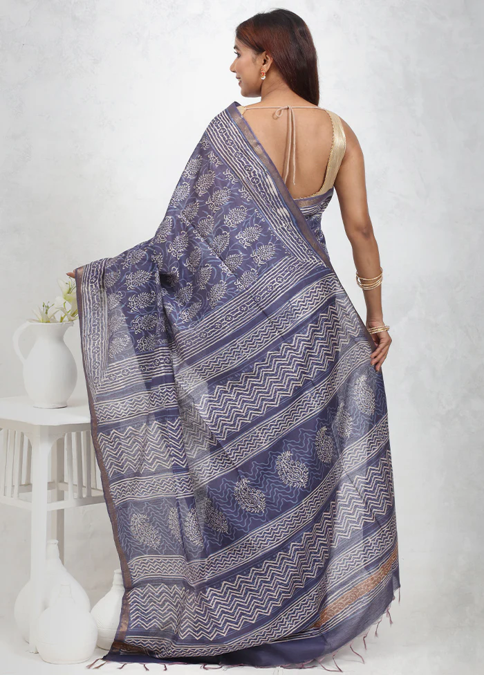 Blue Chanderi Cotton Saree With Blouse Piece - Image 3