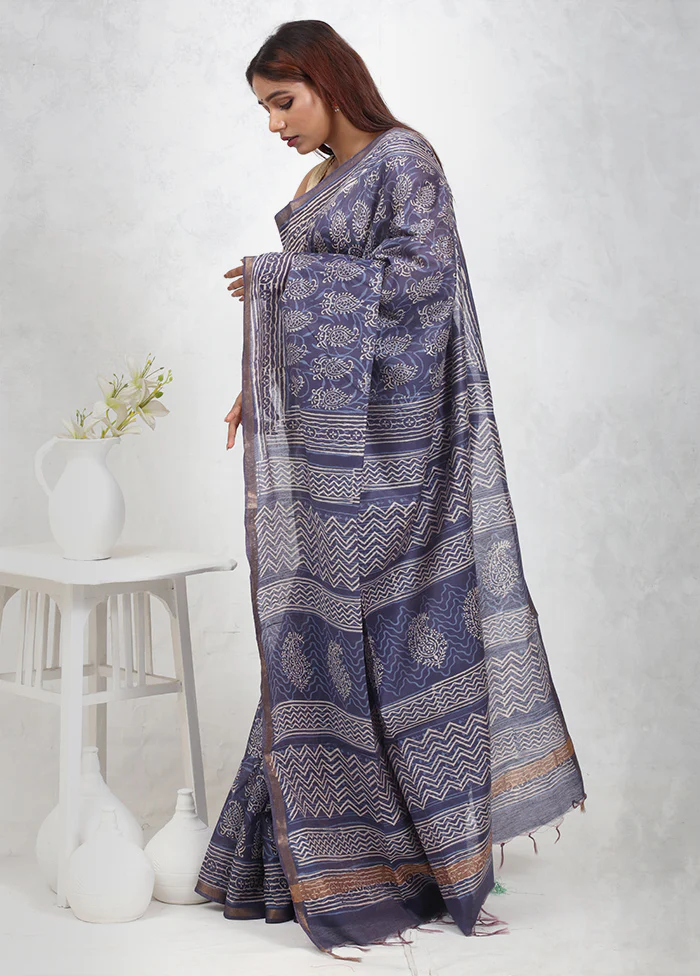 Blue Chanderi Cotton Saree With Blouse Piece - Image 4