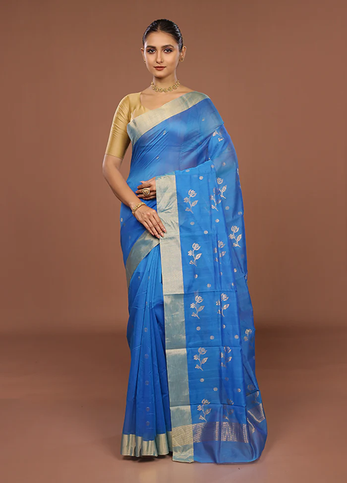 Blue Chanderi Silk Saree With Blouse Piece - Image 2