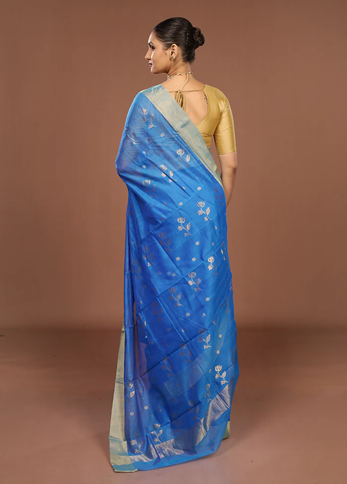 Blue Chanderi Silk Saree With Blouse Piece - Image 3