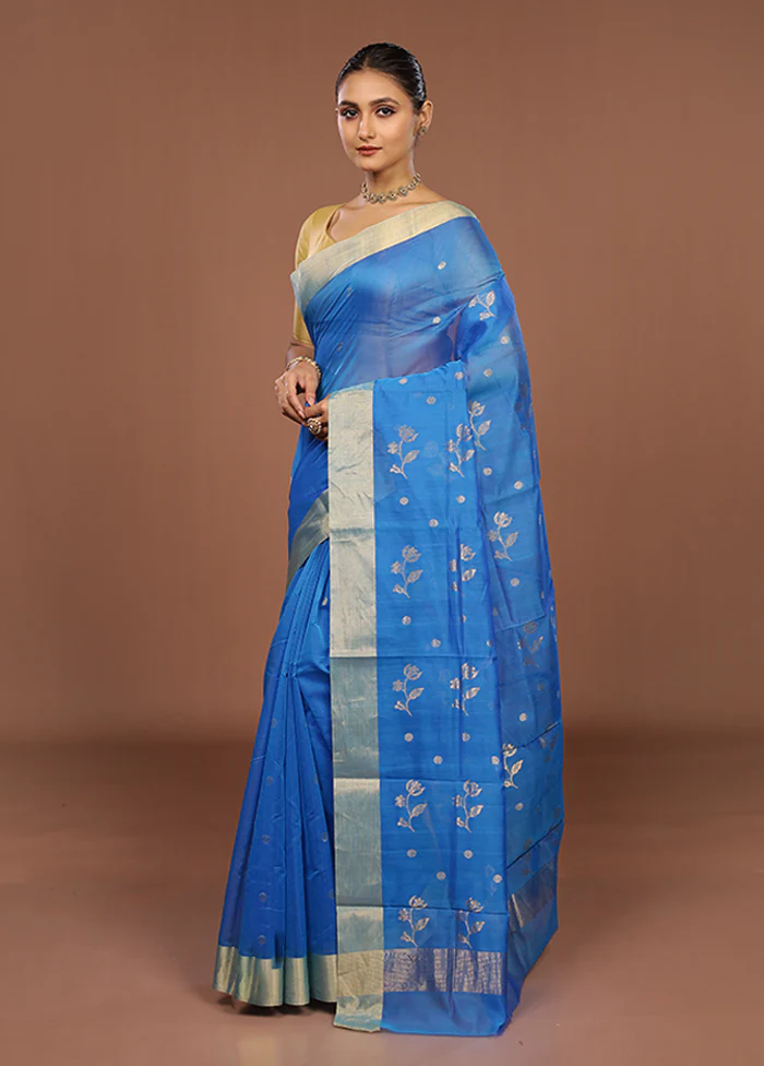 Blue Chanderi Silk Saree With Blouse Piece - Image 4
