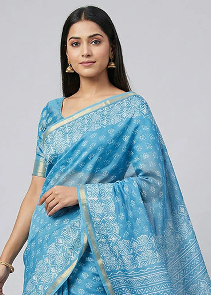 Blue Chanderi Silk Saree With Blouse Piece - Image 2