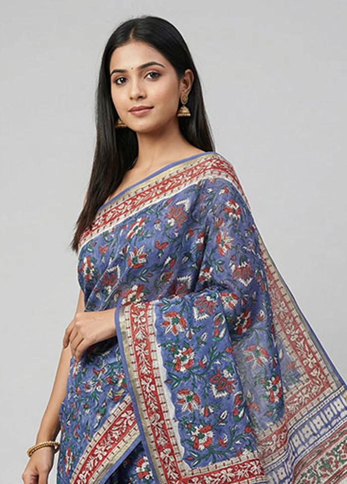 Blue Chanderi Silk Saree With Blouse Piece - Image 2