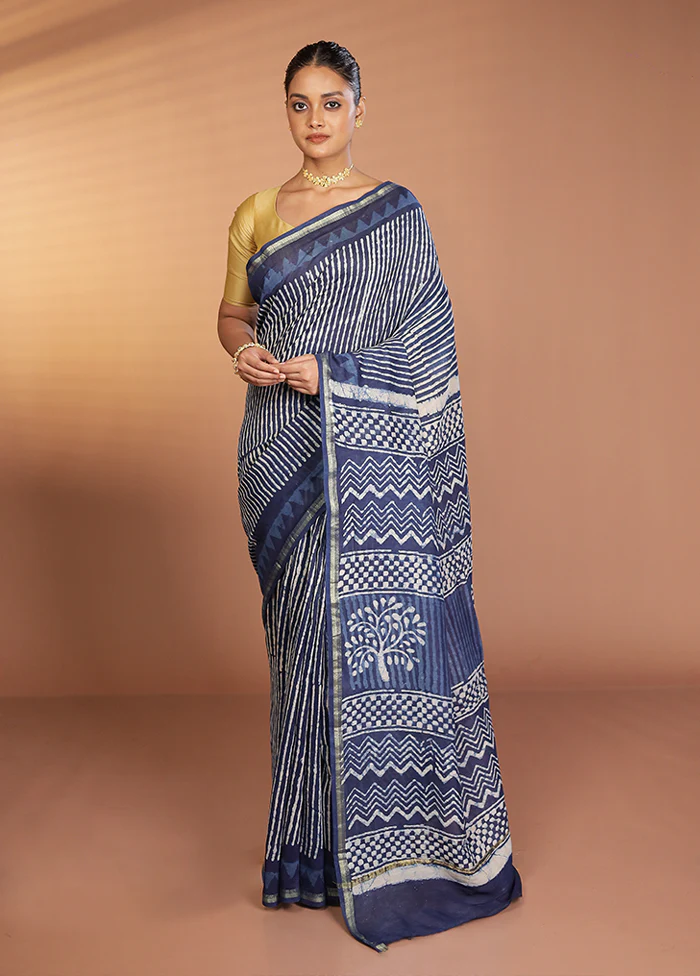 Blue Chanderi Silk Saree With Blouse Piece - Image 2