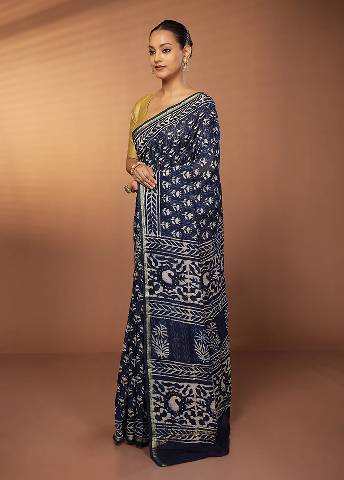 Blue Chanderi Silk Saree With Blouse Piece - Image 4