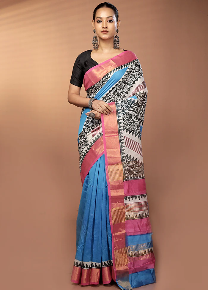 Blue Chanderi Silk Saree With Blouse Piece - Image 2
