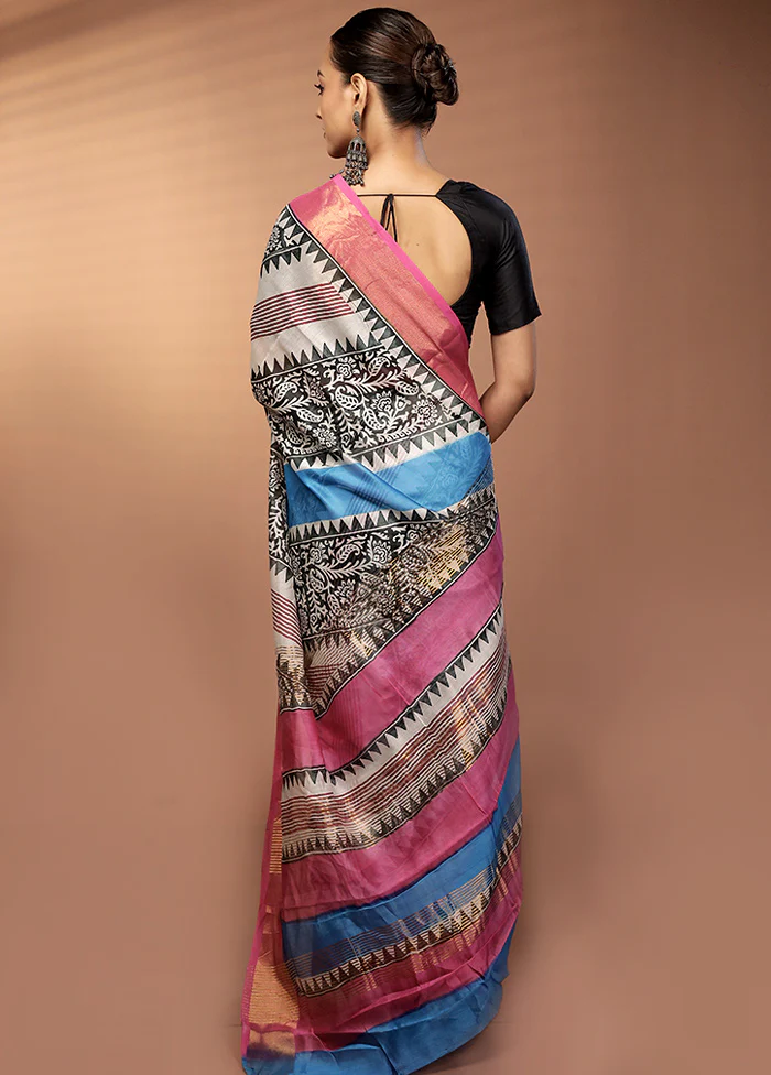 Blue Chanderi Silk Saree With Blouse Piece - Image 3