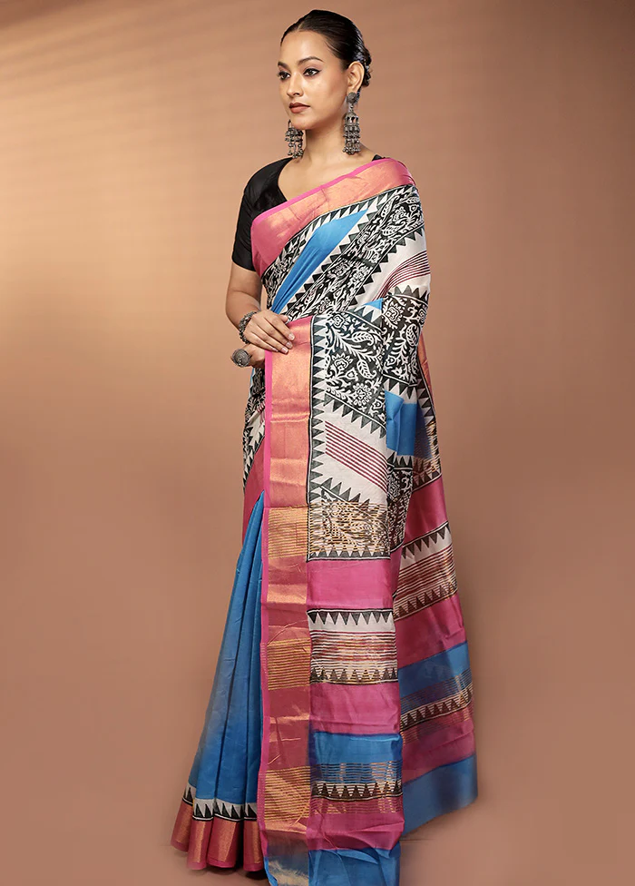 Blue Chanderi Silk Saree With Blouse Piece - Image 4