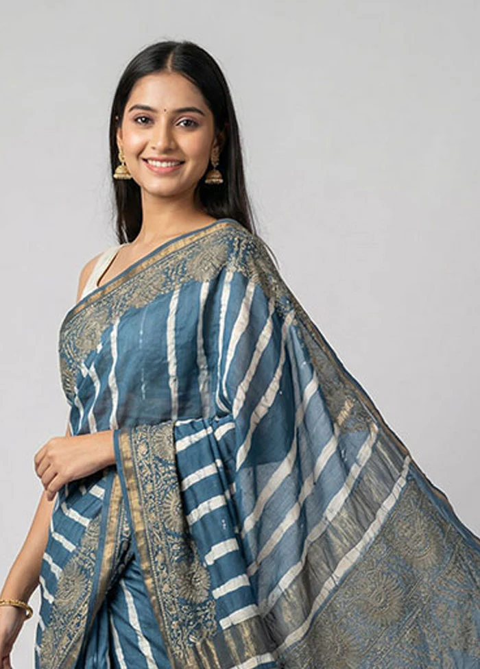 Blue Chanderi Silk Saree With Blouse Piece - Image 2
