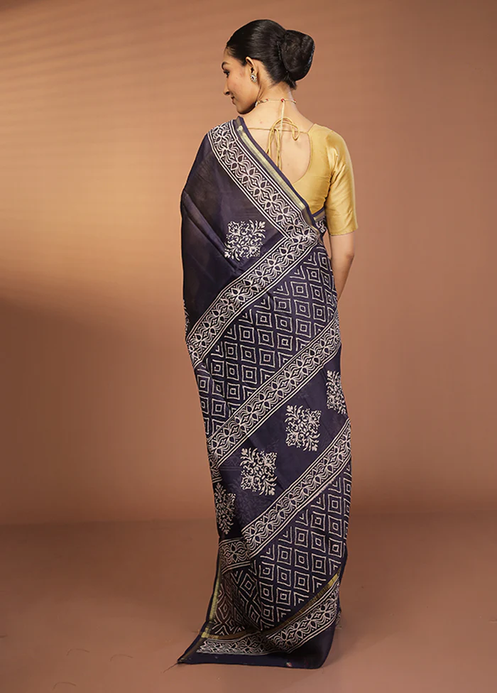 Blue Chanderi Silk Saree With Blouse Piece - Image 3