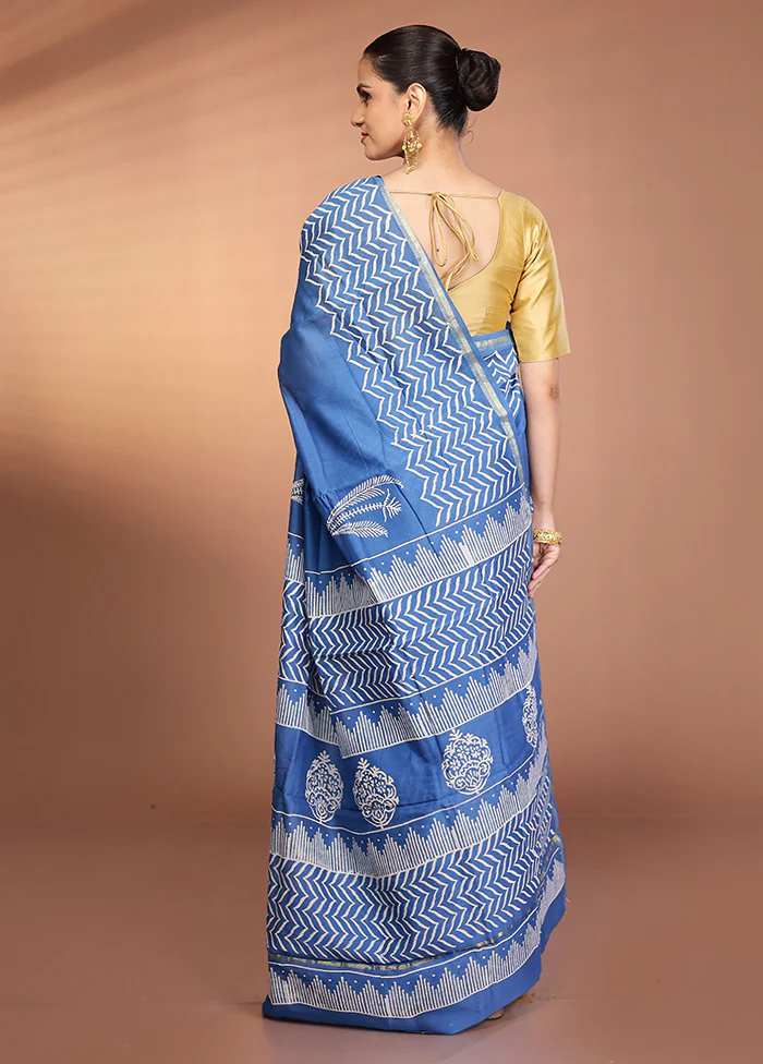 Blue Chanderi Silk Saree With Blouse Piece - Image 3