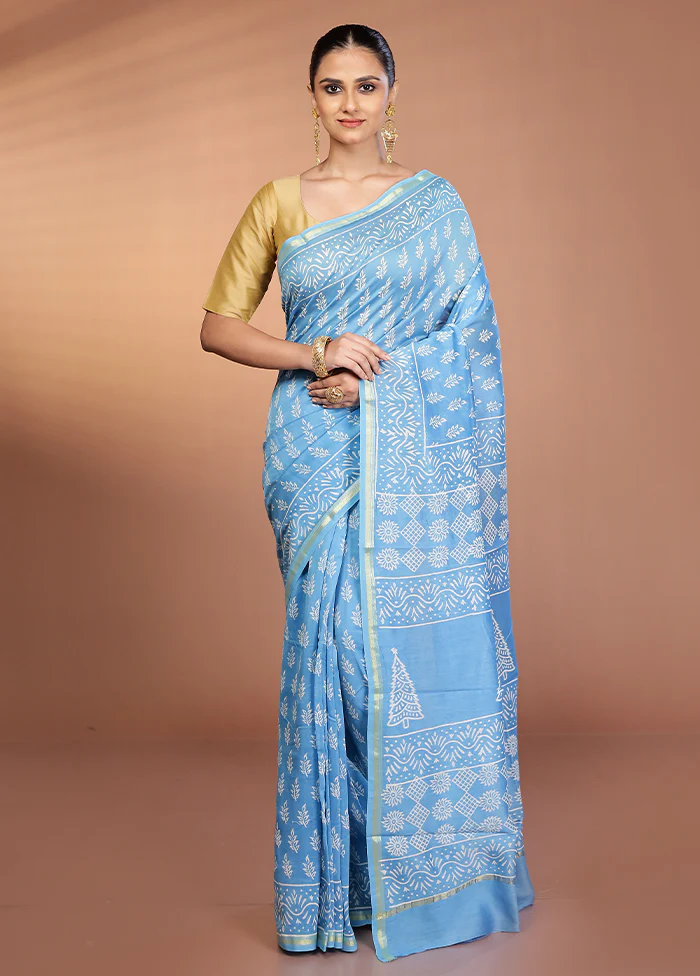 Blue Chanderi Silk Saree With Blouse Piece - Image 2